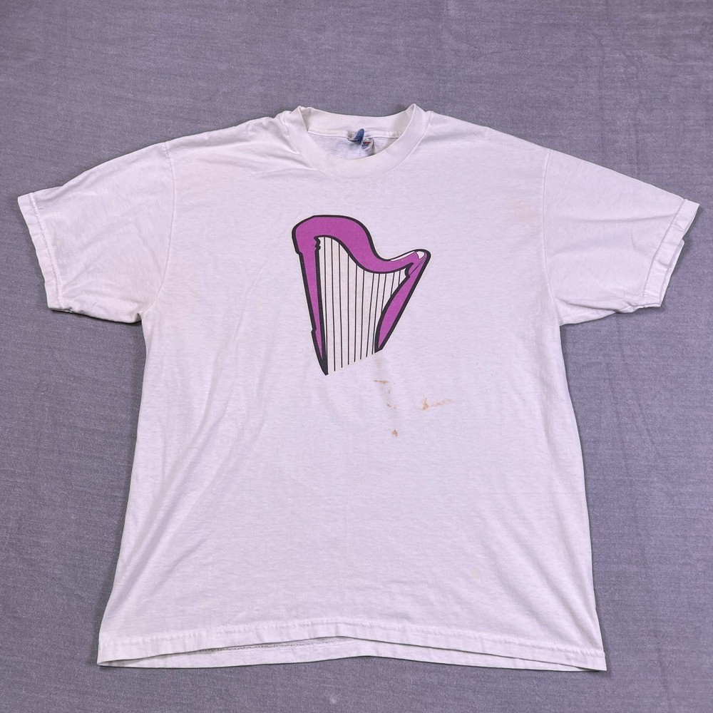 Vintage Hanes Unisex White Purple Harp Single Stitch Music Graphic T-Shirt L